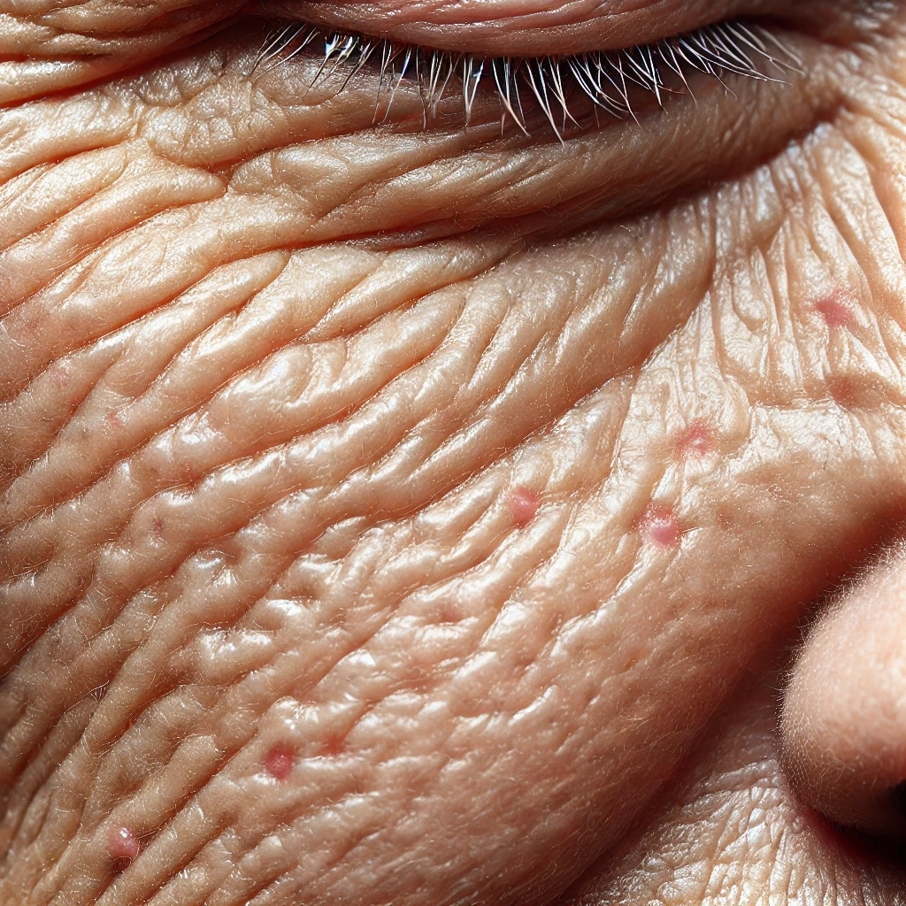 DALL·E 2024 11 03 10.01.52 Close up of mature skin with visible signs of aging including wrinkles fine lines and a few visible skin spots. The skin should appear slightly une