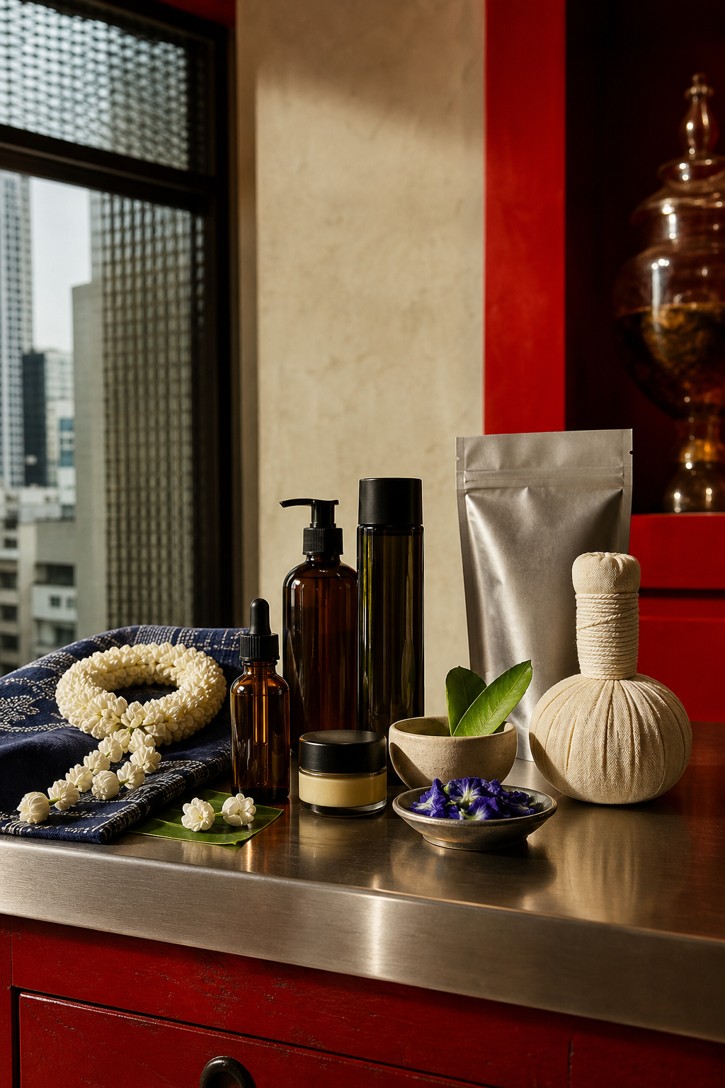 Composição editorial com produtos de beleza, flores de jasmim, tecido índigo, flores butterfly pea e uma compressa herbal tailandesa