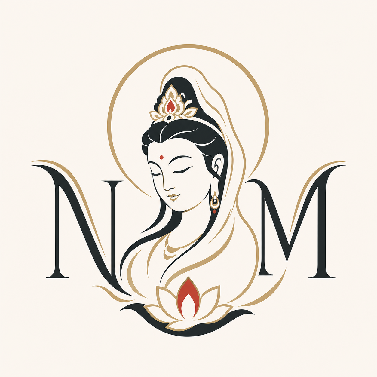 Marca editorial quadrada de Guanyin entre as iniciais N e M
