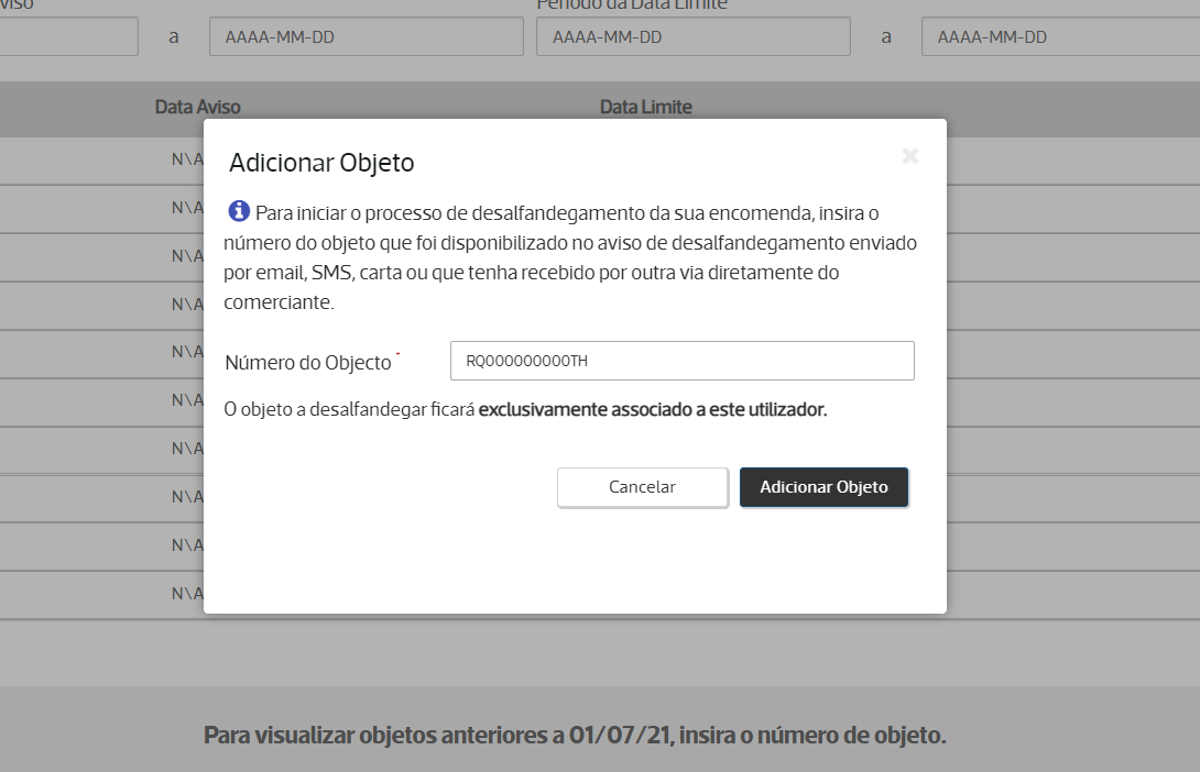 Adicionar objeto ao processo aduaneiro — passo 5