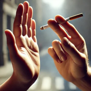 DALL·E 2024 09 23 12.20.21 A realistic image of two hands facing each other one hand is holding a cigarette offering it while the other hand is raised with the palm facing ou