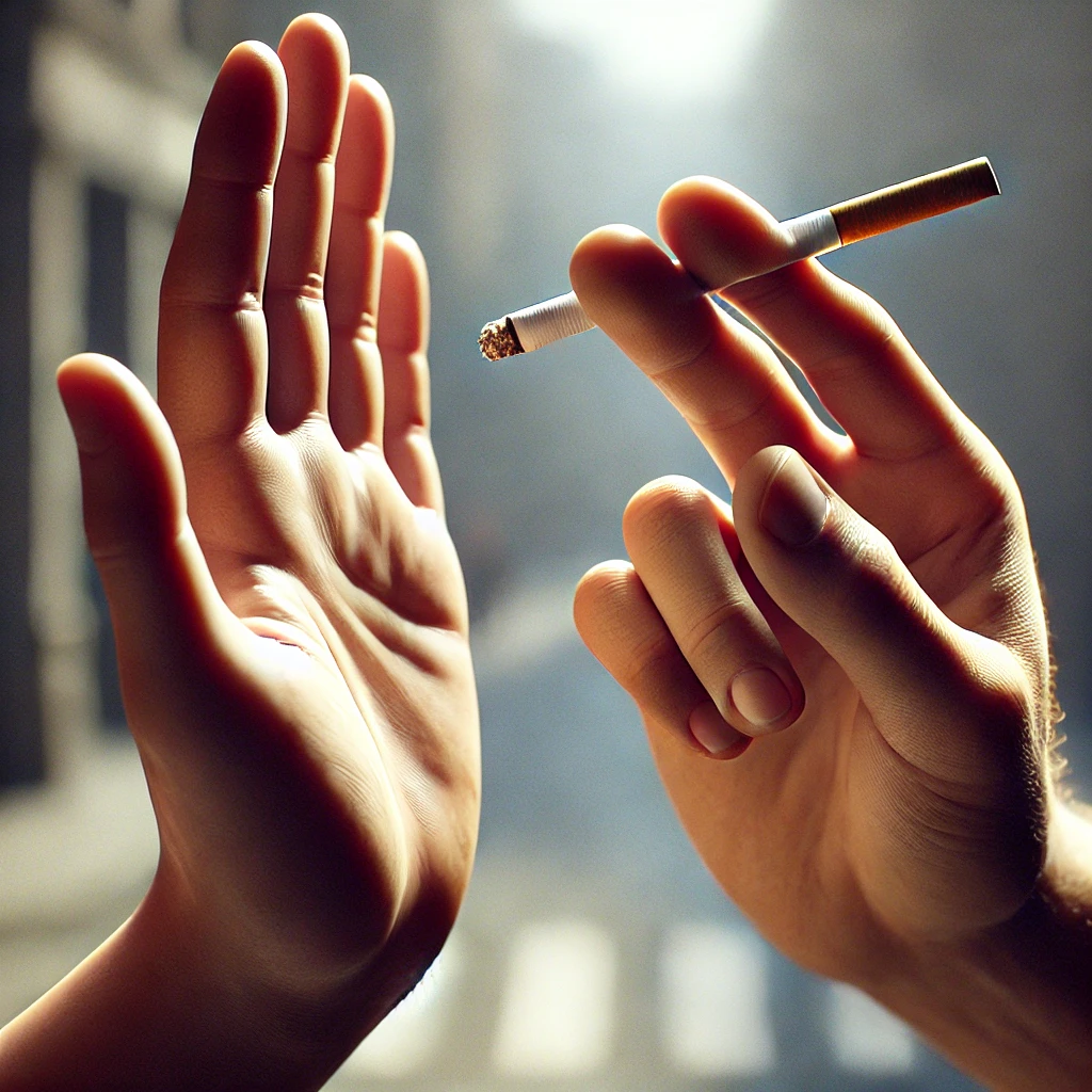 DALL·E 2024 09 23 12.20.21 A realistic image of two hands facing each other one hand is holding a cigarette offering it while the other hand is raised with the palm facing ou