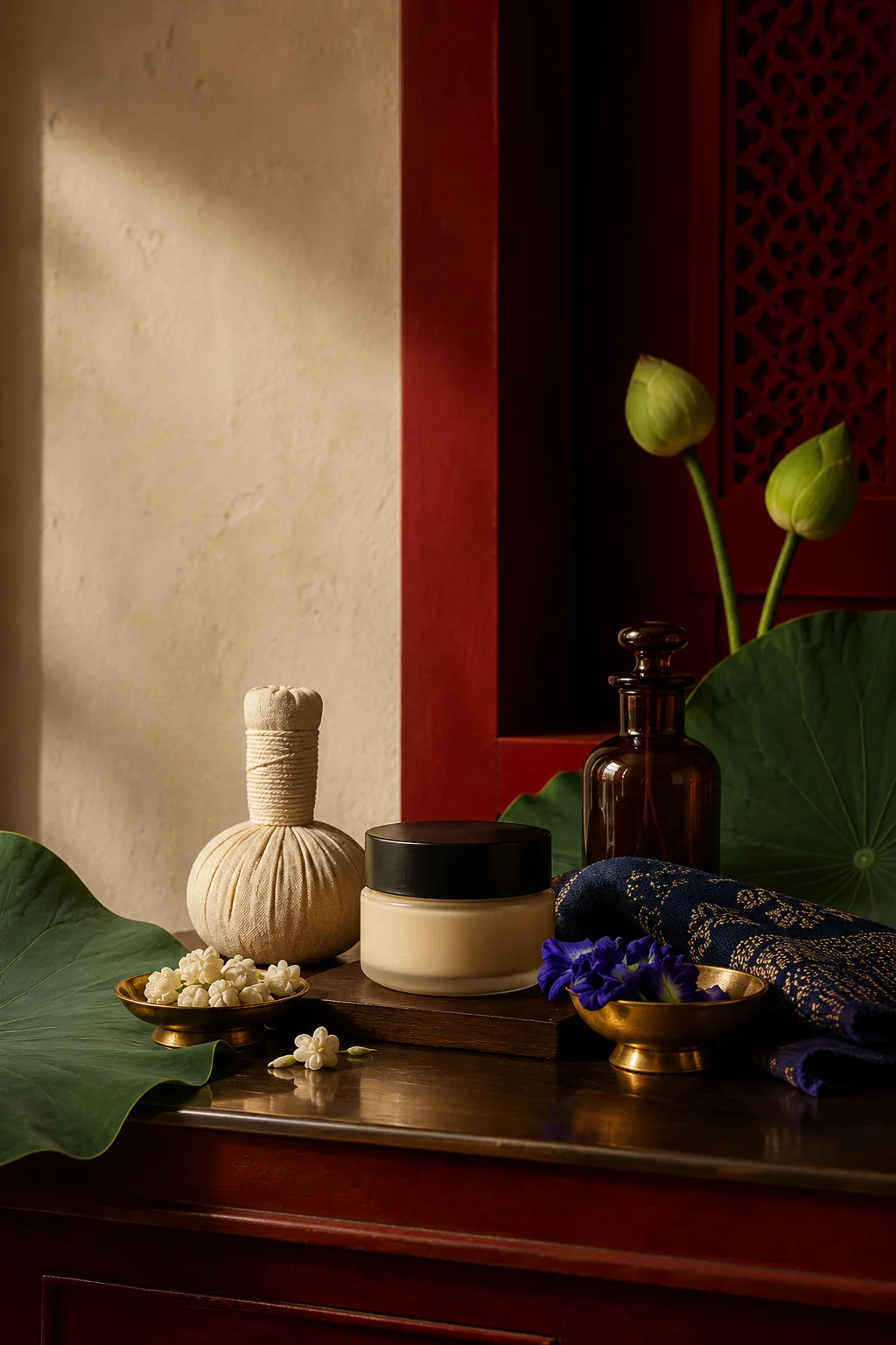 Composição editorial com produtos de beleza, flores de jasmim, tecido índigo, flores butterfly pea e uma compressa herbal tailandesa